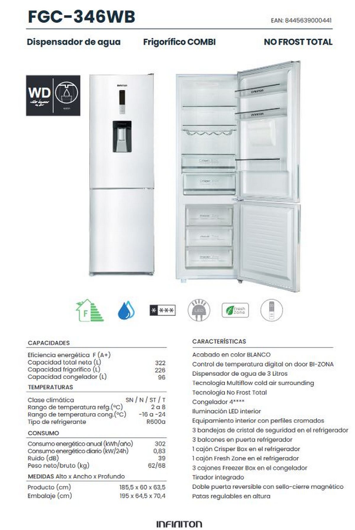 Frigorífico Combi Infiniton FGC-346WB - Blanco, Dispensador de agua, 315  litros, No Frost Total