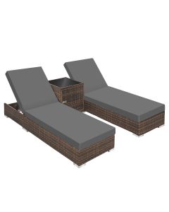 2 espreguiçadeiras de poli-rattan e alumínio + mesa castanho