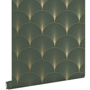 Estahome papel de parede motivo art deco verde escuroedourado