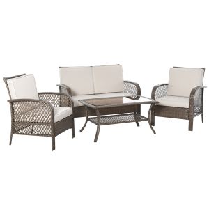 Conjunto de jardim de vime metal, rattan pe, poliéster color marrón