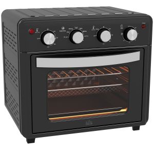 Mini forno elétrico metal, vidro temperado, aço inoxidável e esmalte preto