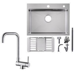 Pia de cozinha 60x45cm em aço inox, escorredor + torneira misturadora extra