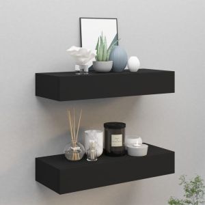 Prateleiras de parede c/ gavetas 2 pcs mdf 60x23,5x10 cm preto pt4558