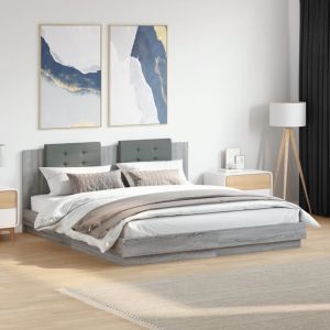 Cama c/ cabeceira/luzes LED 200x200cm cinza sonoma
