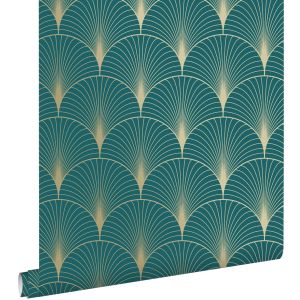 Estahome papel de parede motivo art deco azul-petróleoedourado