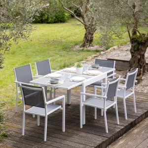 Conjunto jardín extensible textileno gris 8 plazas aluminio blanco