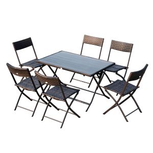 Conjunto de mesa cadeiras jardim aço, vime pe, poliéster e ps color marrón