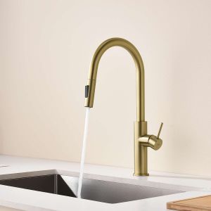 Torneira misturador de cozinha extraível sky bath ouro escovado inox s304