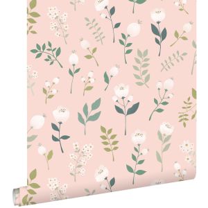 Estahome papel de parede flores rosa suave,verdeebranco - 0,53 x 10,05 m