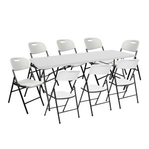 Conjunto de mesa dobrável 240cm e 8 cadeiras com asa branco catering o91