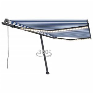vidaXL toldo automático LED sensor de viento azul y blanco 450x300 cm